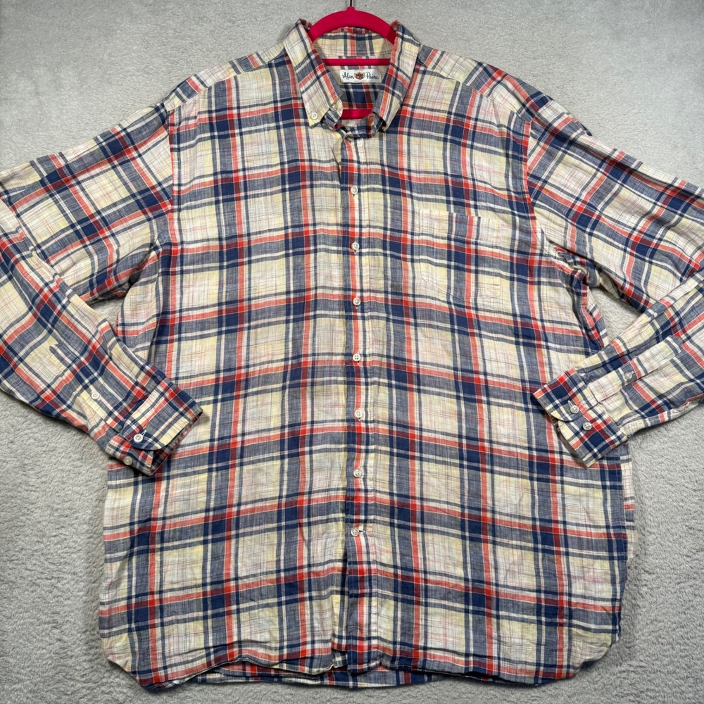 Alan Paine England Button Down Shirt Mens XL Multi Color Plaid 100% Linen